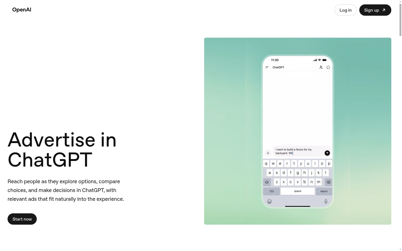 OpenAI公式の広告主向けページ。「Start now」ボタンからAds Manager Betaへの登録に進める