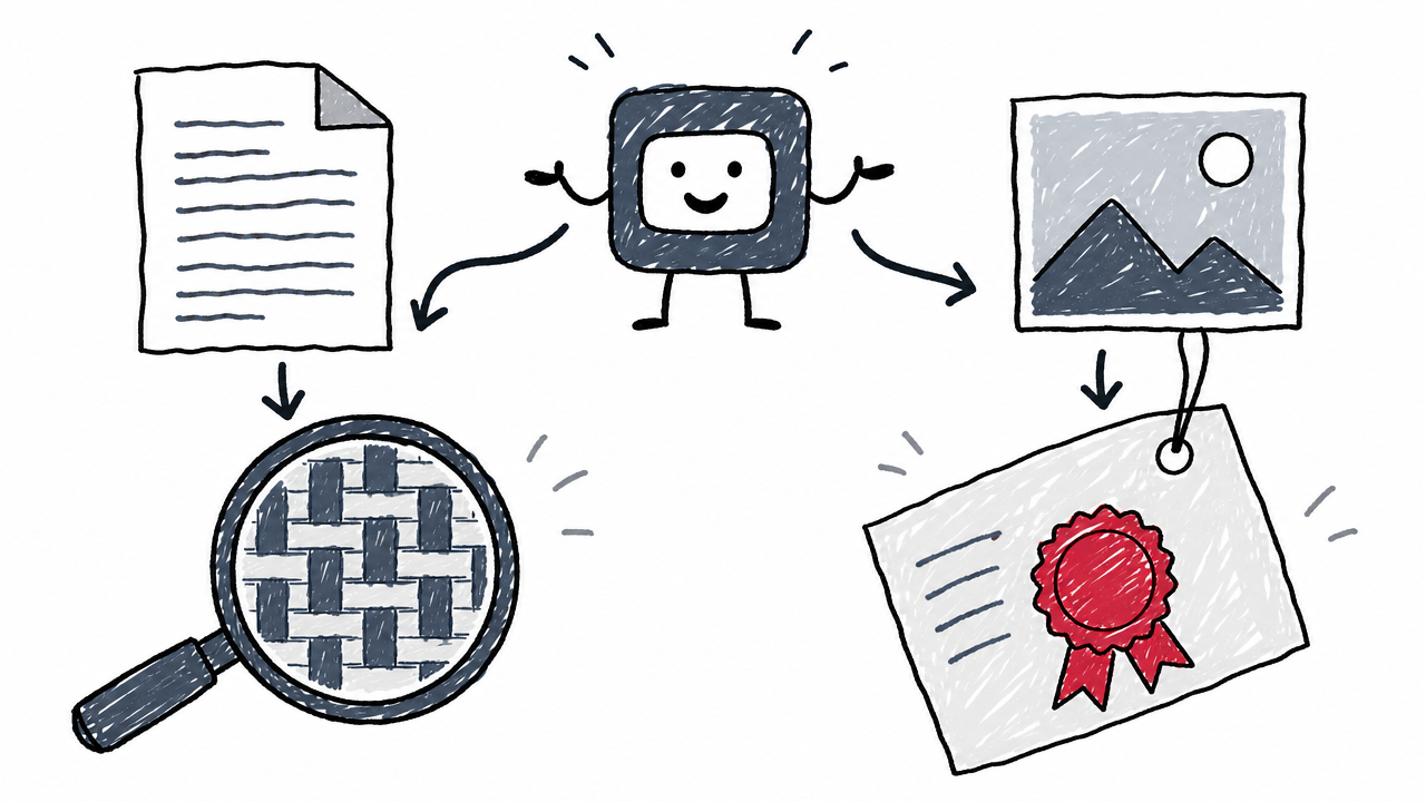 Text can carry an embedded statistical pattern, while generated files can carry separate signed provenance metadata.