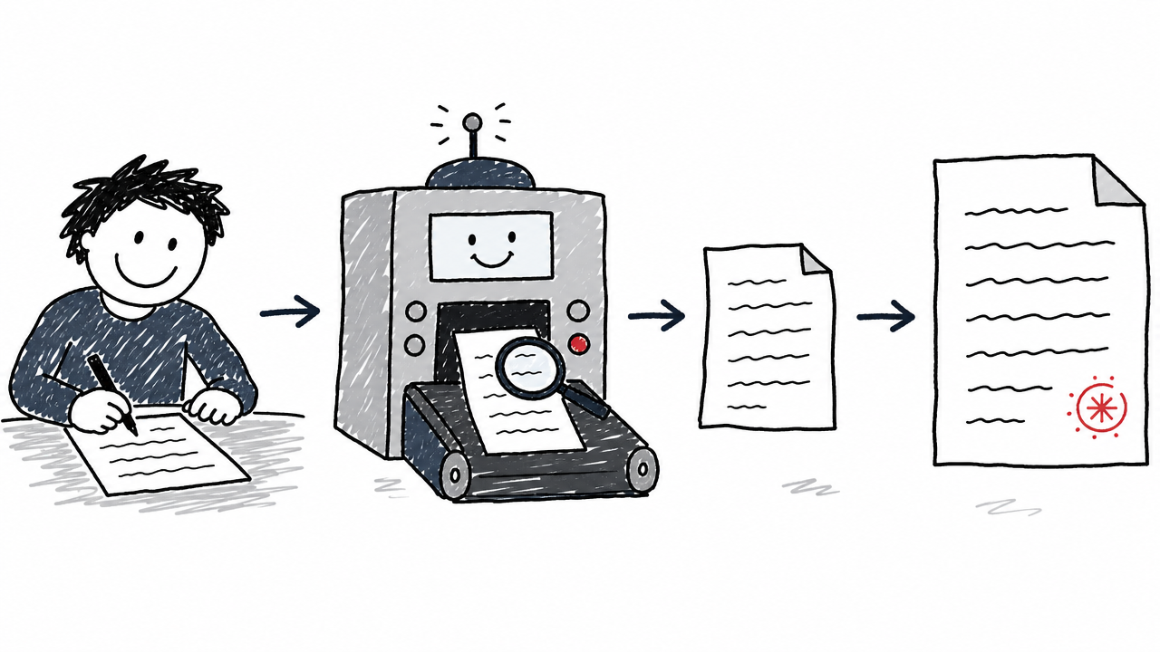 A human-written draft passes through proofreading and returns as output that may contain an embedded watermark.