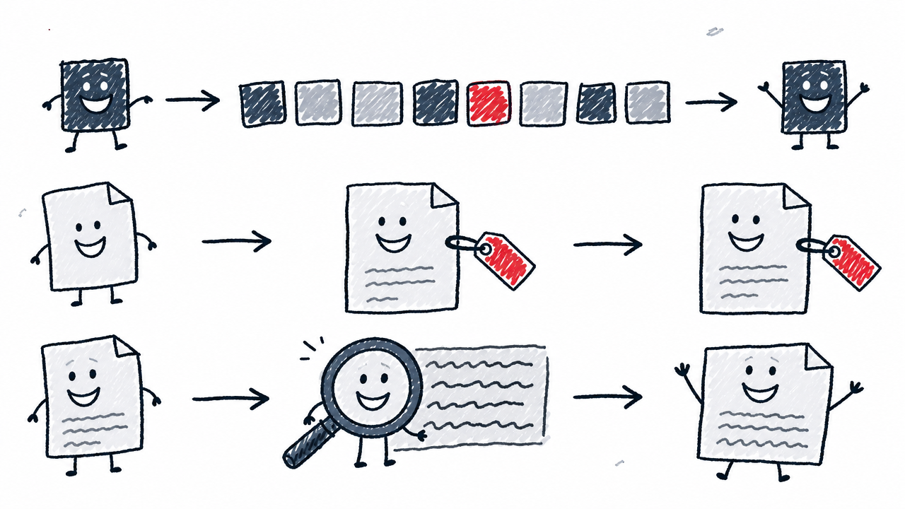Three separate tracks show token-based watermarks, file metadata, and AI-style classification as independent technologies.