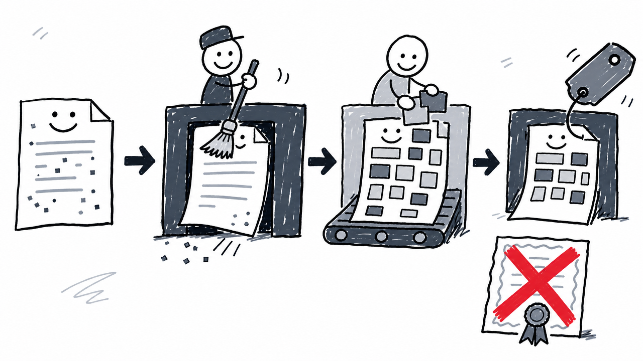 A three-step process cleans hidden characters, rewrites text patterns, and removes file metadata without guaranteeing detector results.