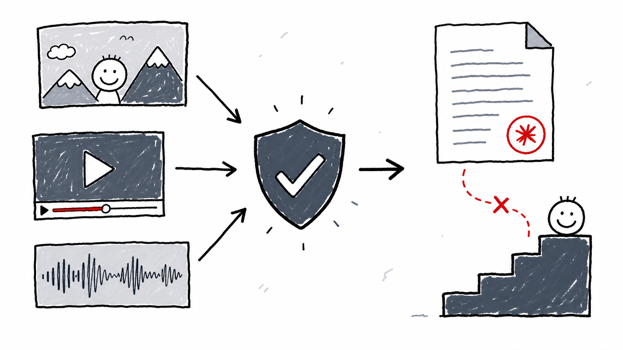 Google provenance verification covers images, video, and audio, not Claude text watermark reading or text-ranking penalties.
