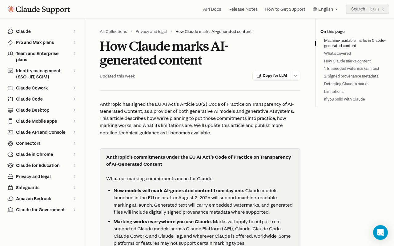 Anthropic's Help Center article explaining how Claude marks AI-generated content, including the limitations of detection and the distinction between text watermarks and C2PA metadata.