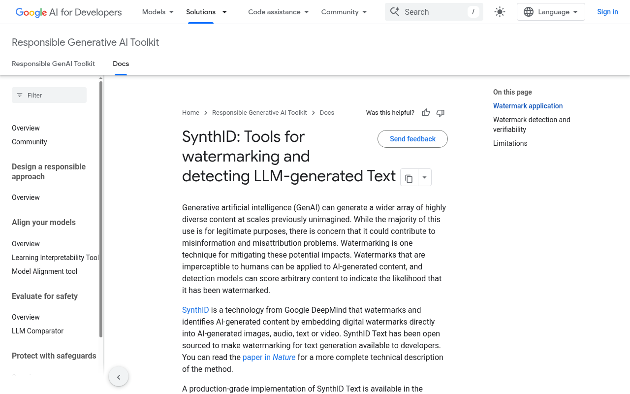 Google's official SynthID documentation page, showing the developer-facing description of SynthID-Text's configuration and detection states