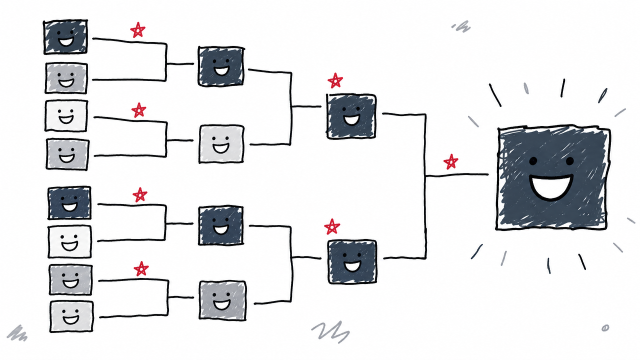 Sampled token candidates compete through successive score-based rounds until one token is selected.