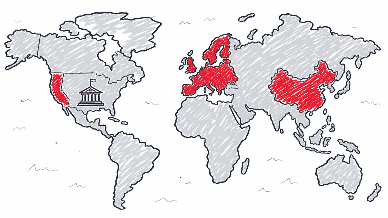 Enacted AI-content labeling rules cover the EU, China, and California, while no U.S. federal law is enacted.