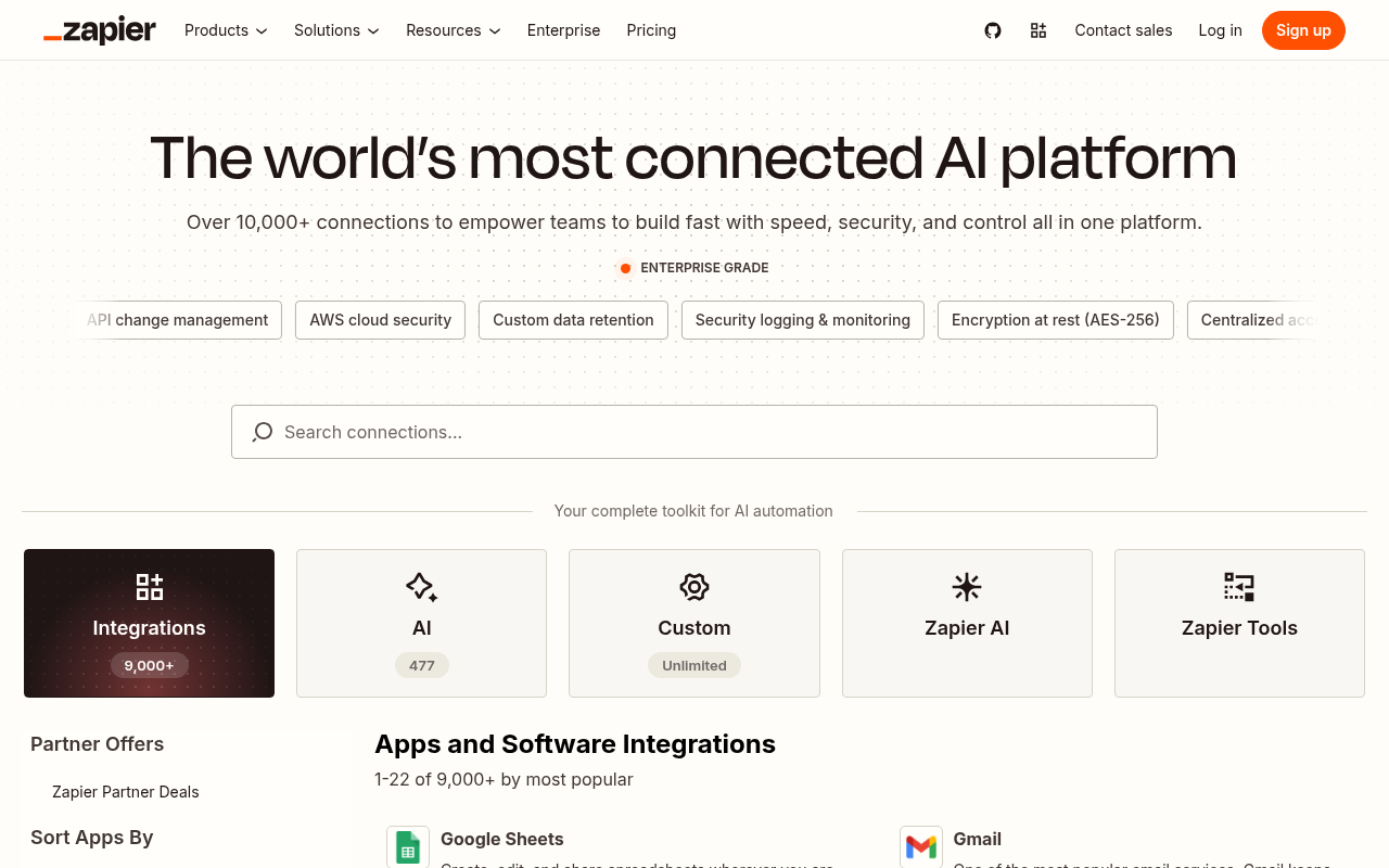 Zapier's app directory page showing 9,000+ integrations organized by app and category