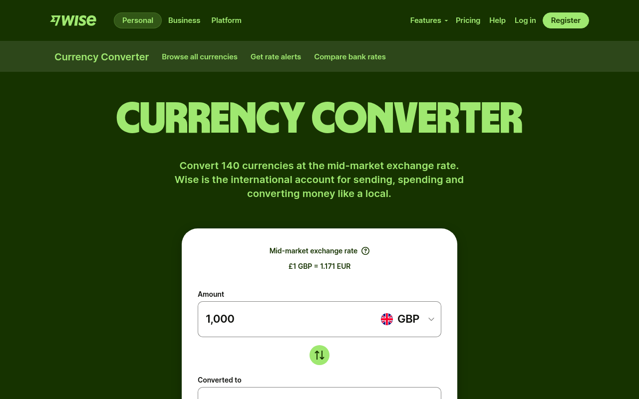 Wise's currency converter page showing the live conversion tool, exchange rate, and historical chart
