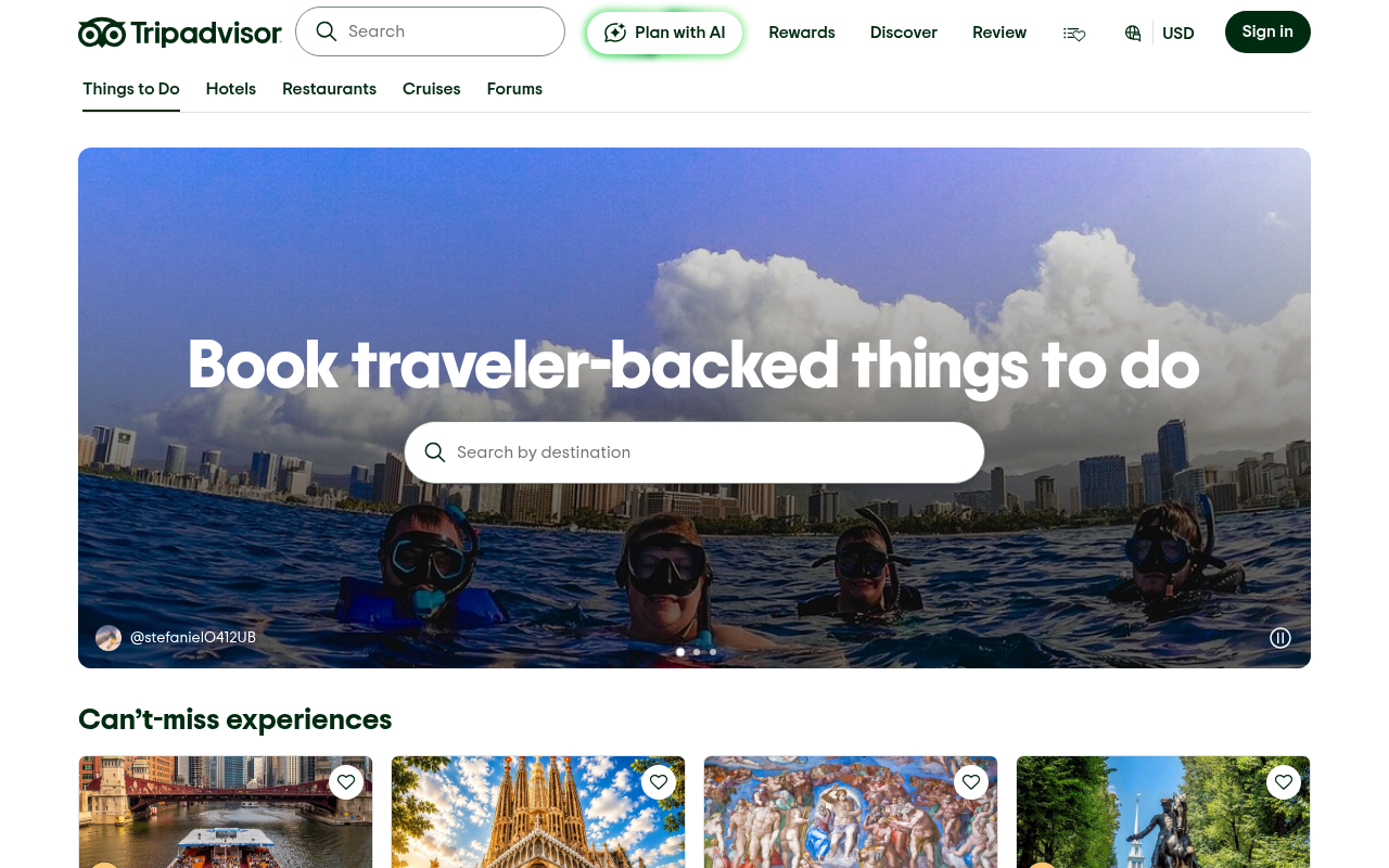 Tripadvisor's attractions page showing destination-specific activity listings with ratings, reviews, and booking options