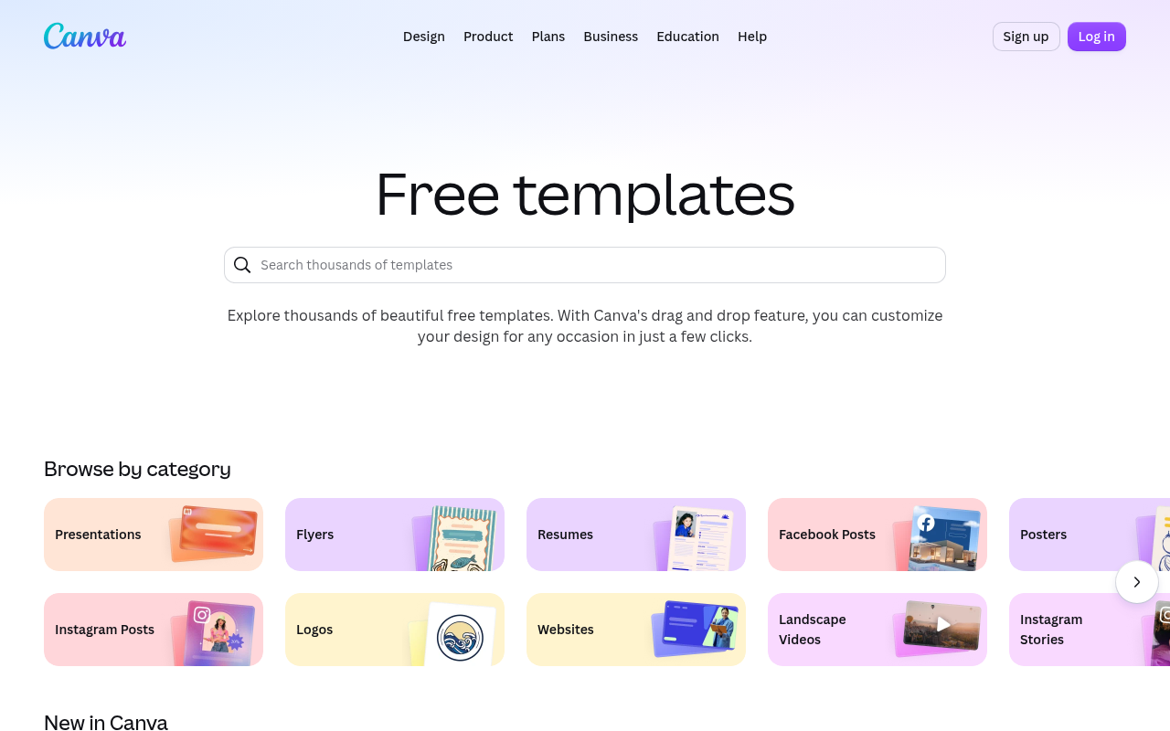 Canva's template library organized by category, showing design previews and the path to start editing