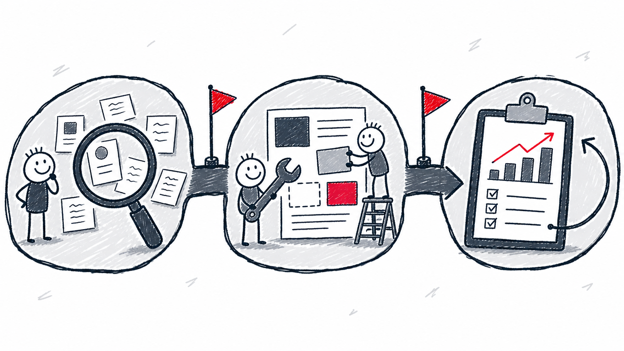 A three-phase GEO plan moves from diagnosis to page improvements, retesting, reporting, and ongoing operations.