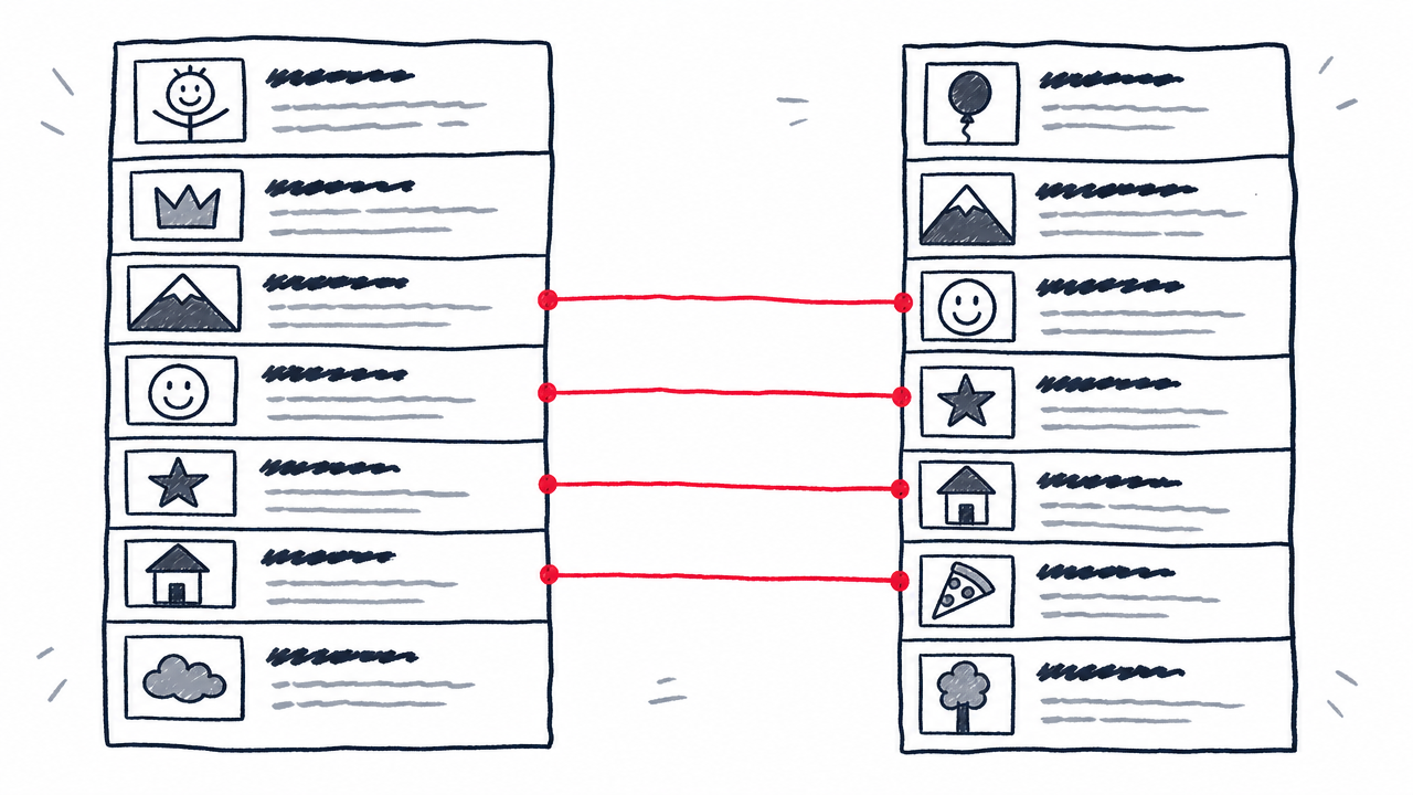 Two search result lists share several matching pages, illustrating how SERP overlap supports keyword clustering decisions.