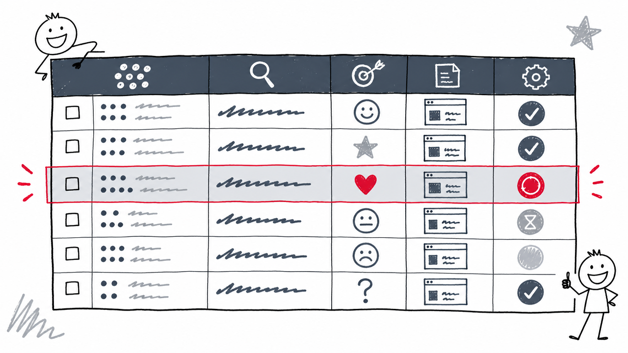 A keyword clustering spreadsheet organizes example groups, primary queries, intent, target pages, and workflow status.