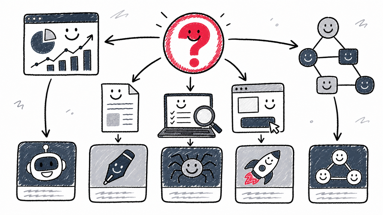 A decision tree matches reporting, content, monitoring, implementation, and custom workflow needs to suitable SEO tools.