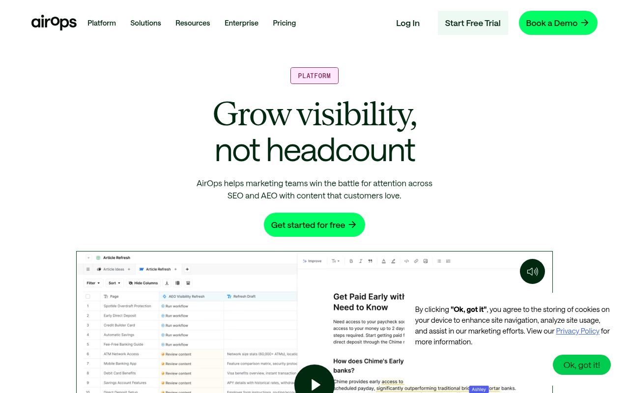 AirOps platform page showing content strategy, creation, optimization, and refresh workflows.
