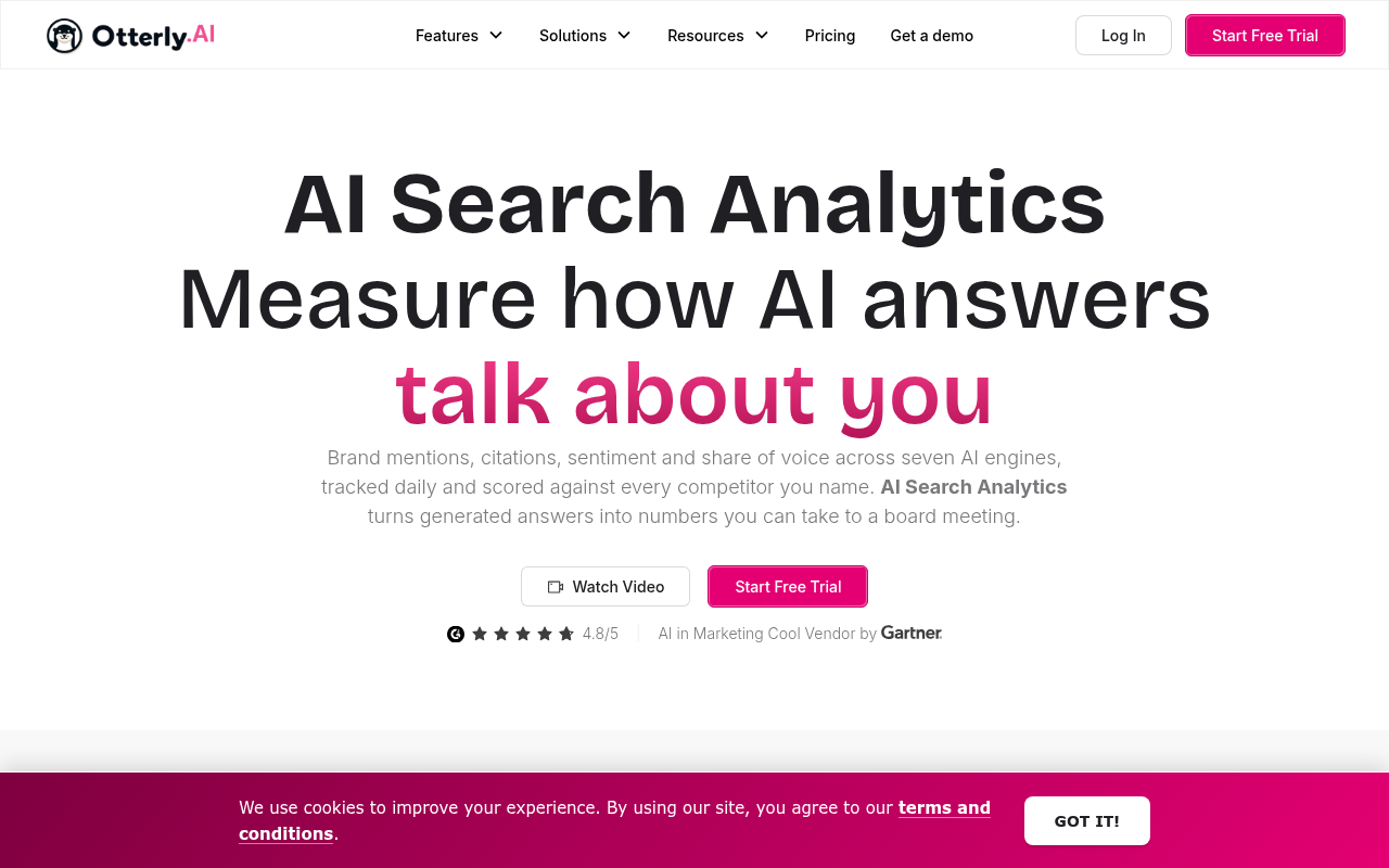 OtterlyAI's AI Search Analytics feature page showing daily mention, citation, and share-of-voice tracking.