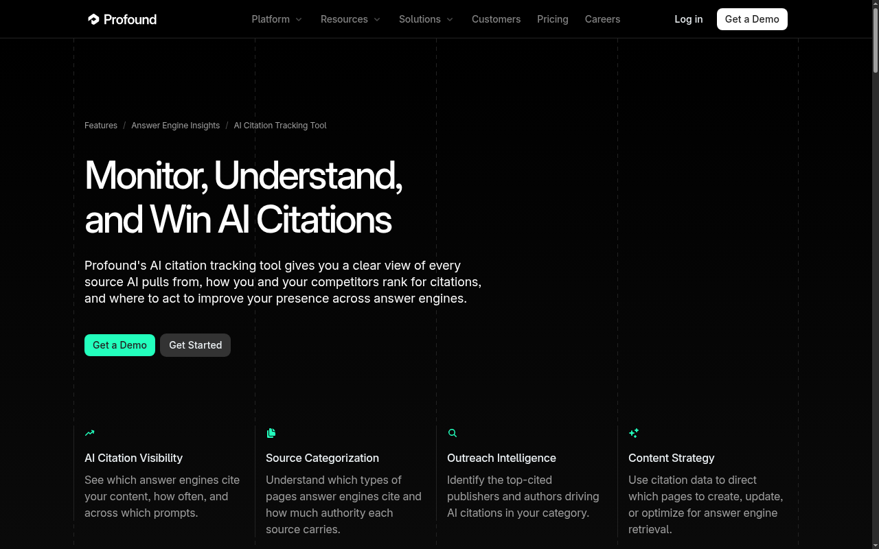 Profound's AI Citation Analysis page showing citation share, source categorization, and competitor comparison.