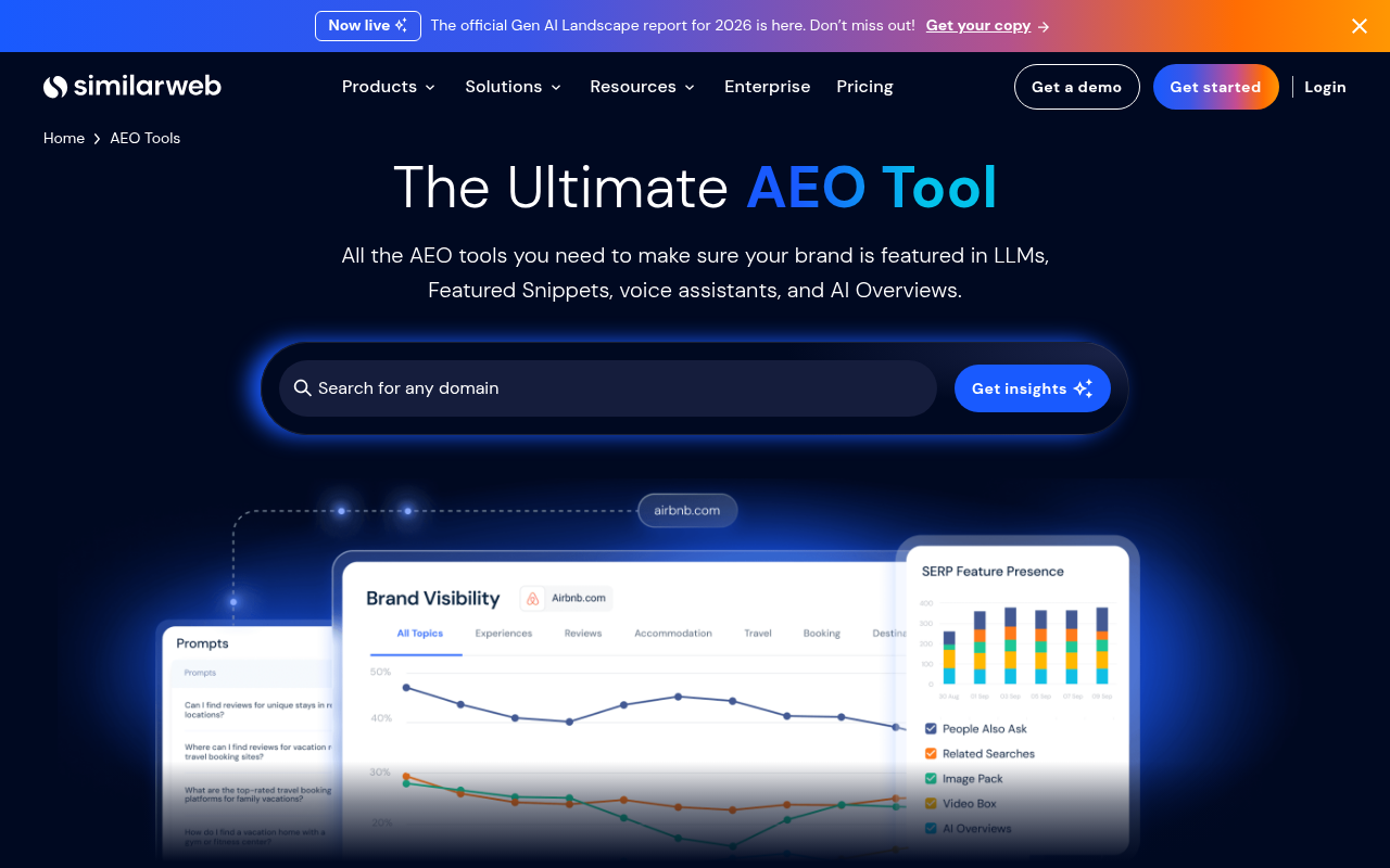 Similarweb's AEO product page showing AI brand visibility, prompt tracking, and citation analysis features