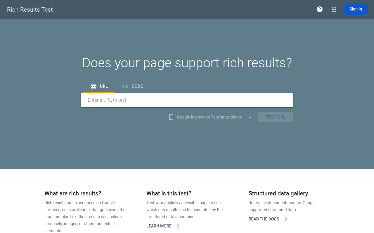 Google Rich Results Test page where users can paste a URL or code snippet to validate structured-data markup