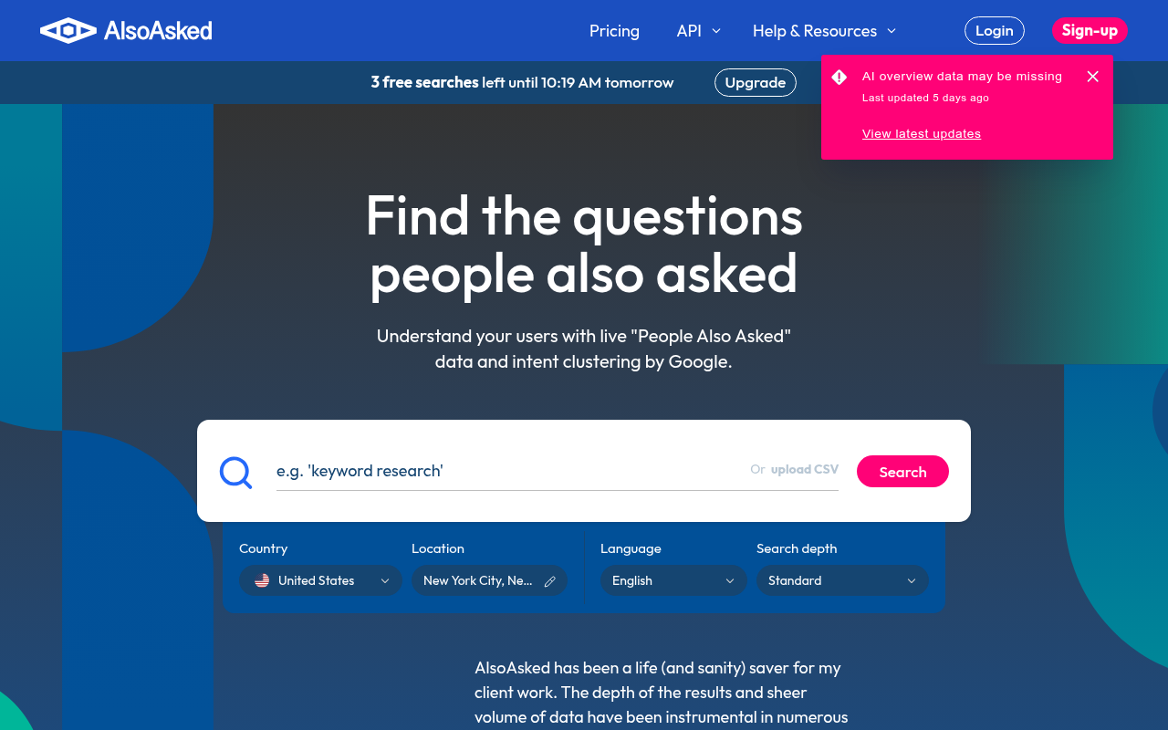 AlsoAsked homepage showing the PAA question-tree research interface with country and language targeting options