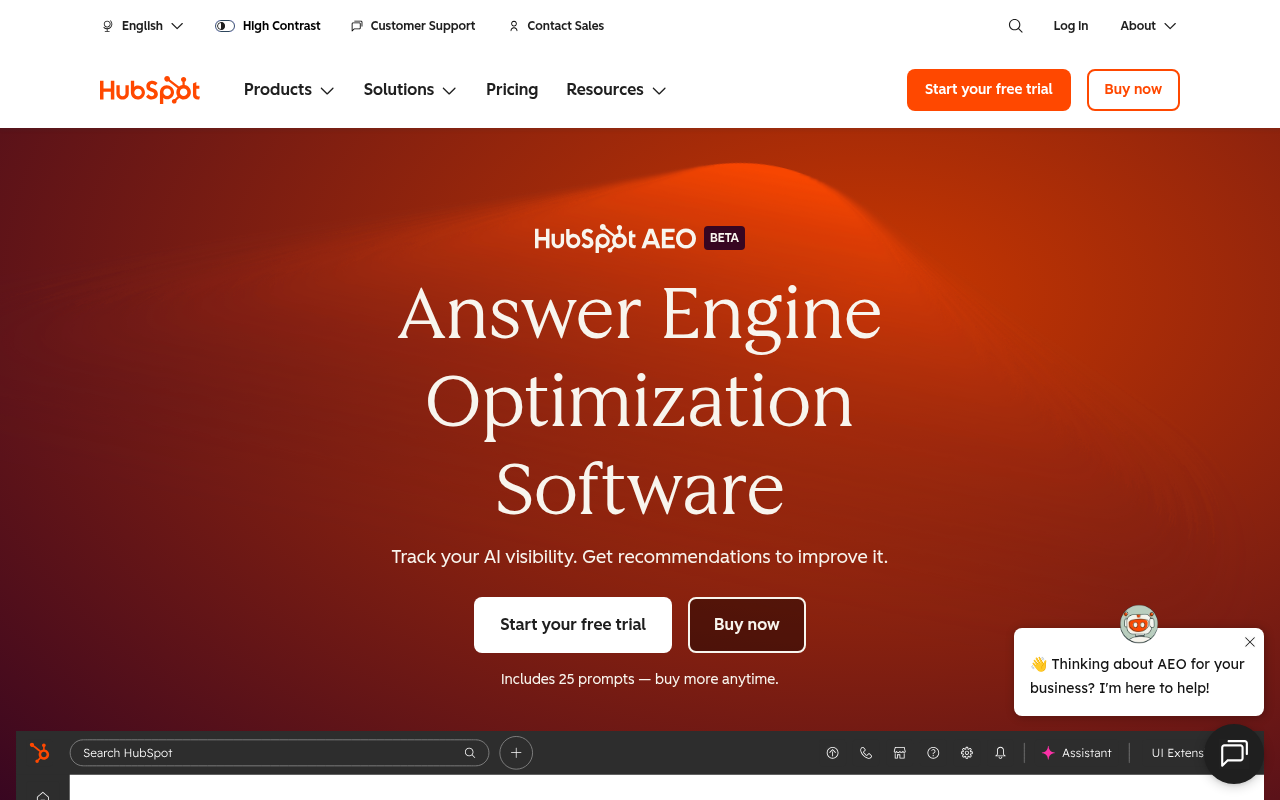 HubSpot AEO product page displaying brand visibility scoring, prompt tracking, and prioritized recommendation features