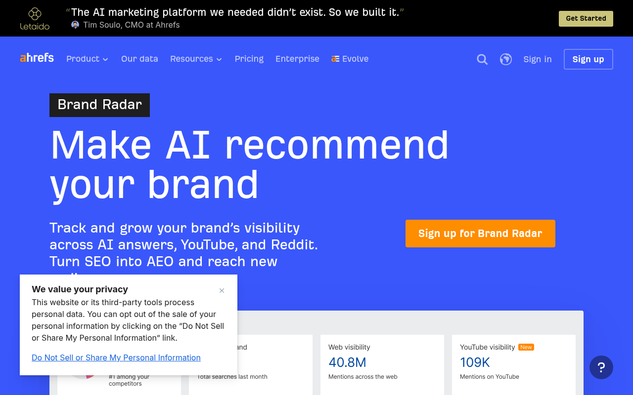 Ahrefs Brand Radar page showing AI visibility tracking across seven platforms with prompt database size and citation analysis features