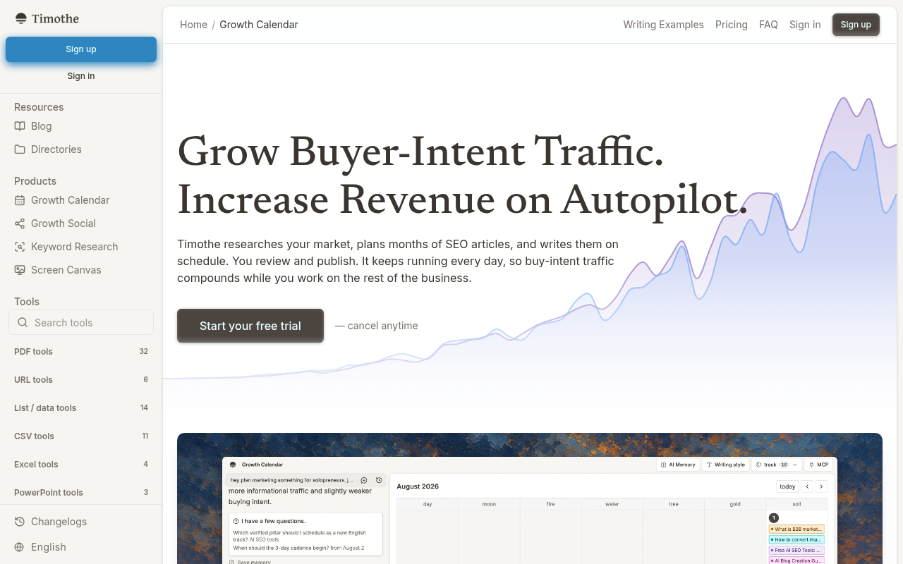 Growth Calendar page showing market research, topic cluster planning, and scheduled content production with answer-first structures