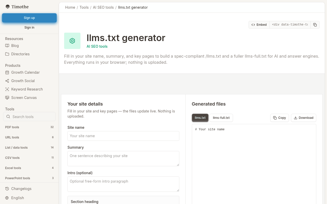 Timothe's browser-based llms.txt generator showing input fields for site details and key-page links with instant Markdown output