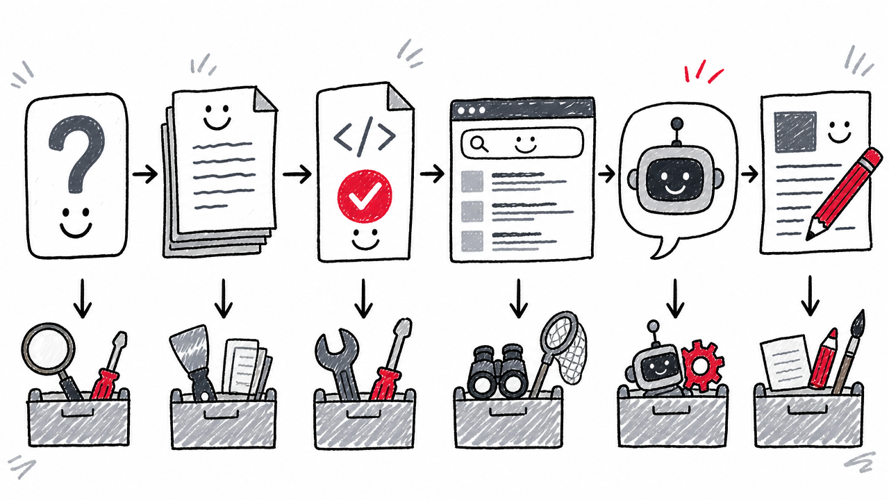Six AEO tasks flow from question discovery through content production, each connected to a suitable tool set.