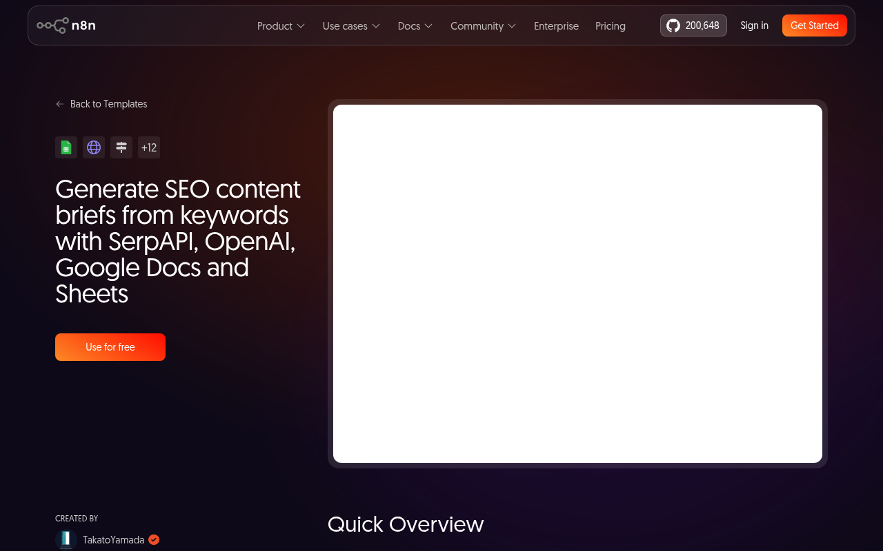 The official n8n SEO content brief workflow template page showing the visual node layout from trigger to Google Docs output.
