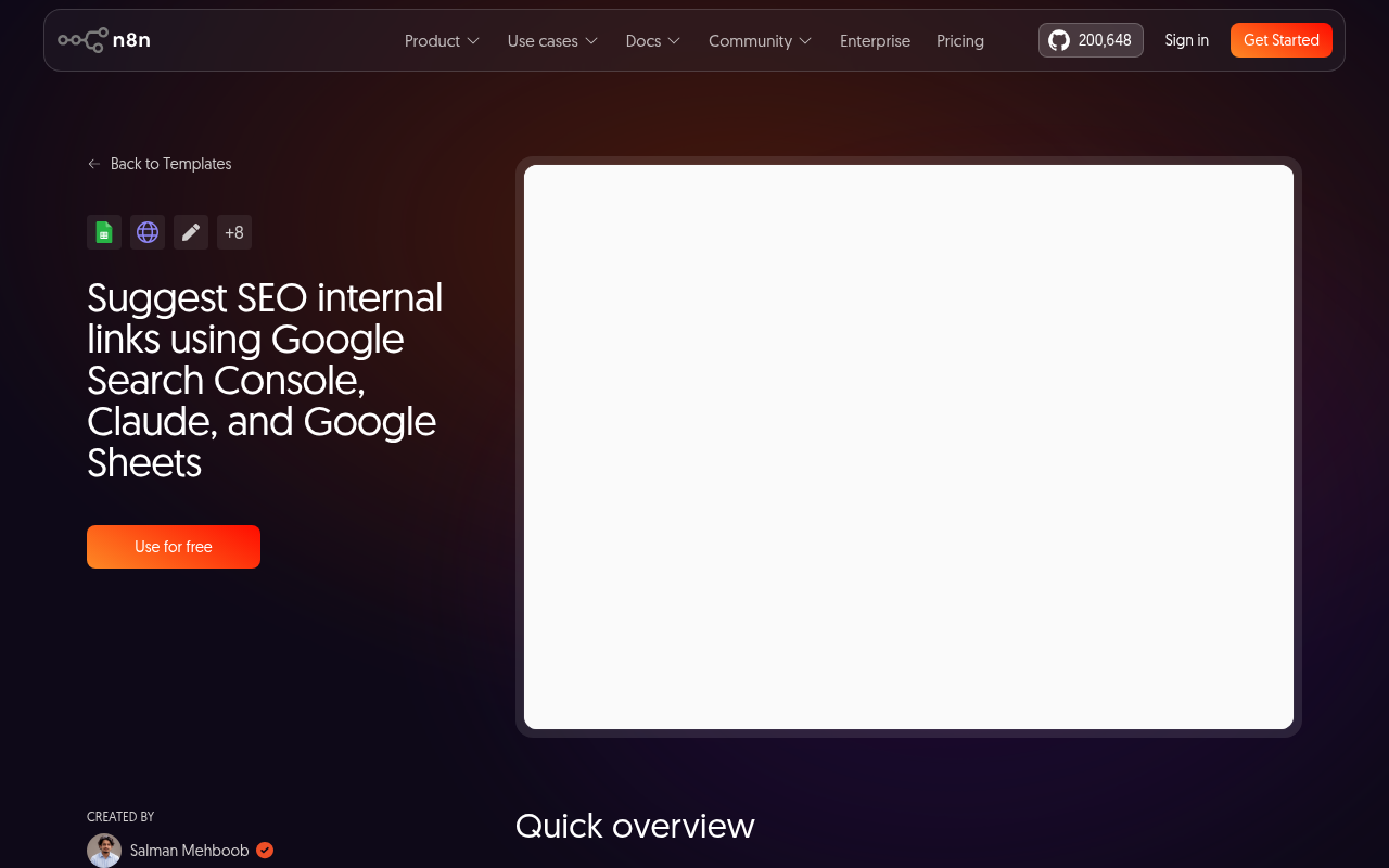 The official n8n internal-link suggestion workflow template page showing how Search Console data feeds into Claude for link recommendations.