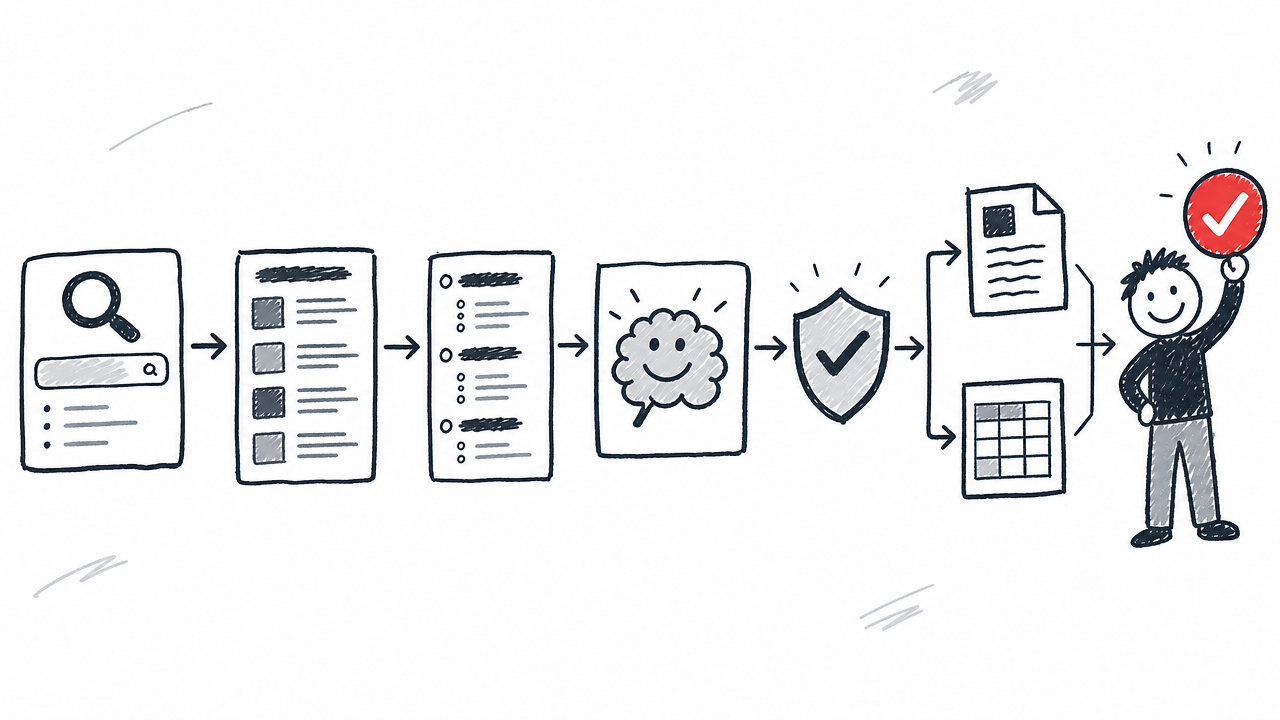 A visual workflow moves SEO data from a keyword through analysis and validation to documents for human review.