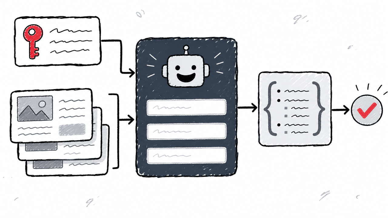 An AI workflow node combines keyword and competitor data into structured content-brief fields before validation.