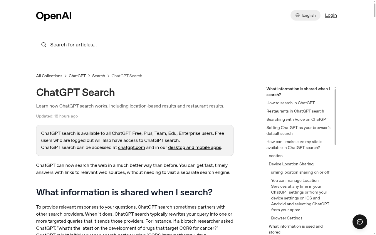 OpenAI's help article explaining how ChatGPT Search works, including automatic search triggering and inline citations.