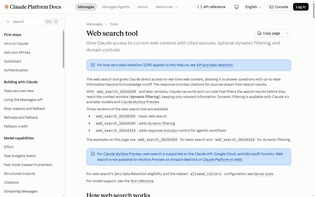 Anthropic's API documentation for Claude's web search tool, showing how developers configure search behavior, domain filtering, and citation handling.