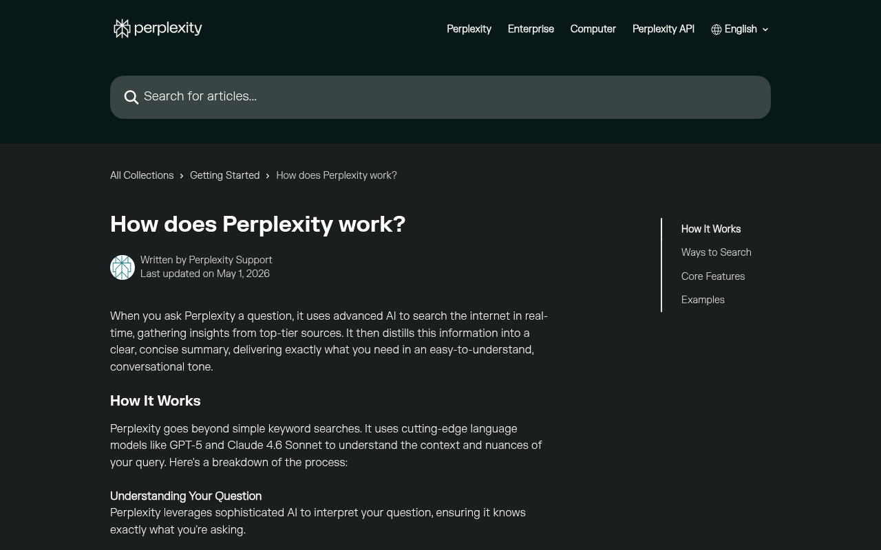 Perplexity's help center page explaining how it searches the web in real time and provides numbered citations.