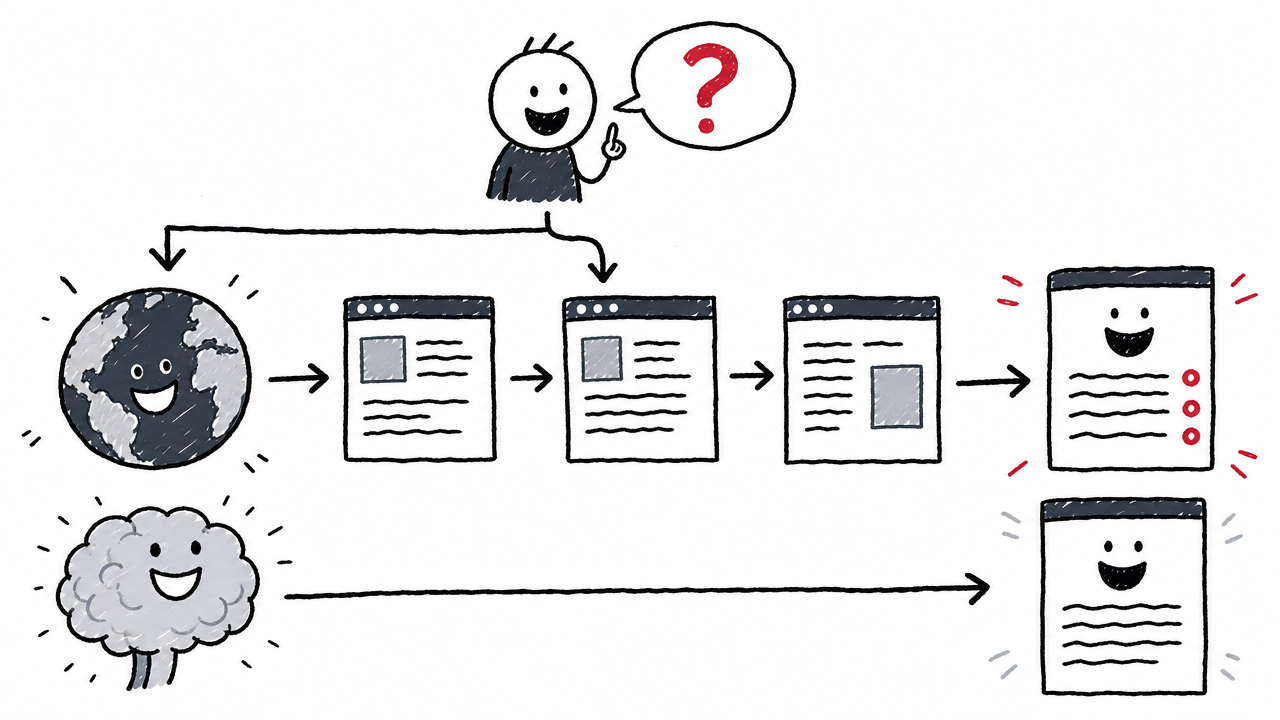 Two paths show live web retrieval with citations and model-knowledge recall without live sources.