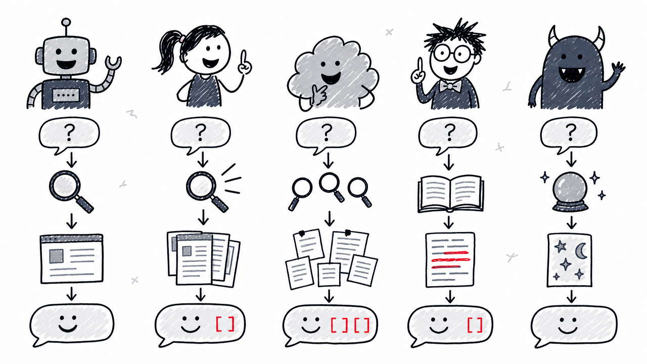 Five AI assistants follow different paths from a query through retrieval and source selection to a synthesized answer.