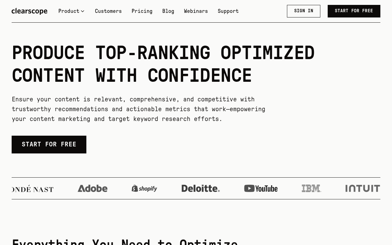 Clearscope's Optimize product page showing the content grading interface with real-time topic coverage scoring