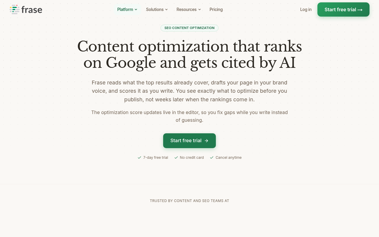 Frase's SEO content optimization feature page showing live optimization scoring and SERP-based recommendations