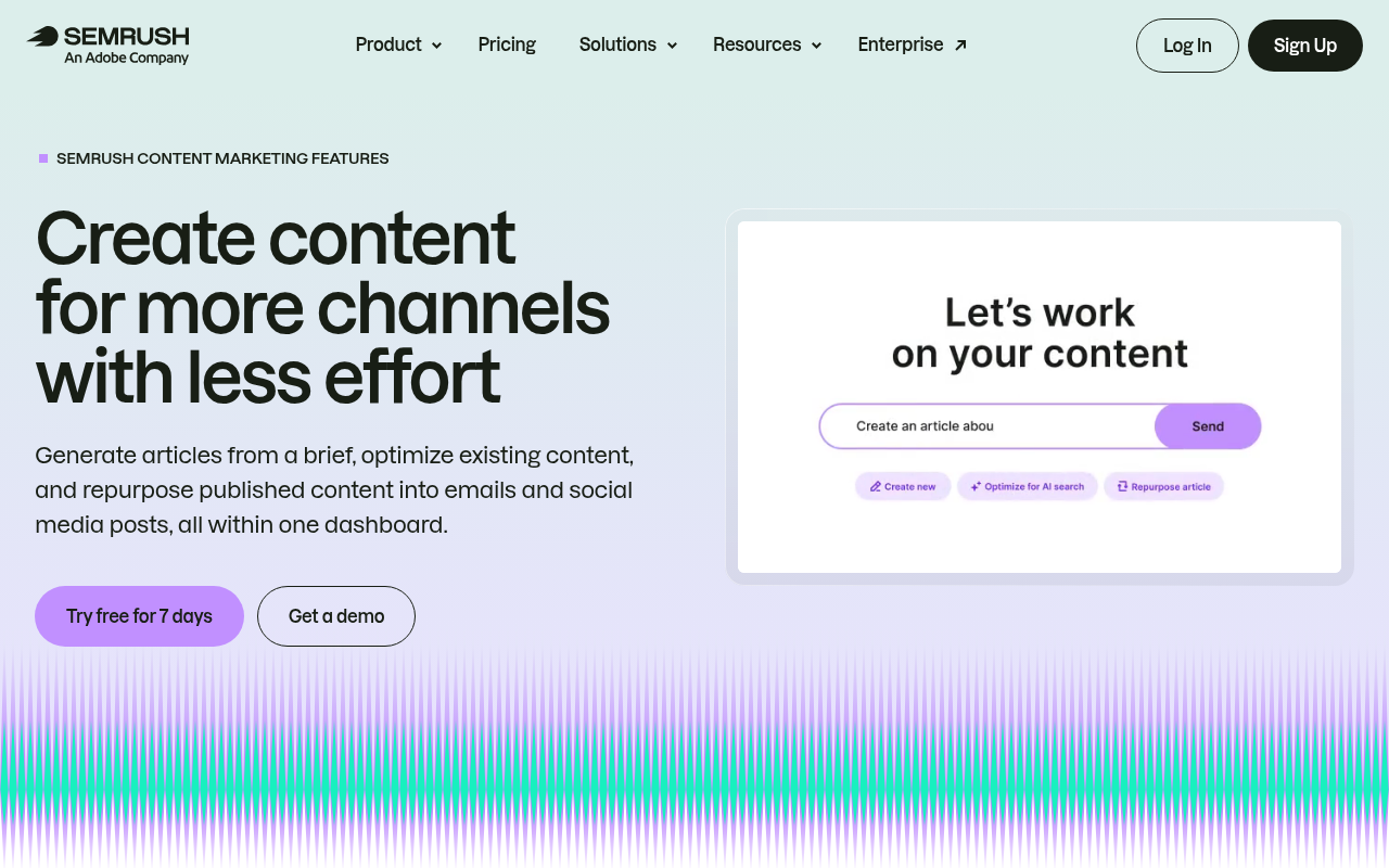 Semrush's content marketing features page showing article generation, SEO optimization, and content repurposing capabilities