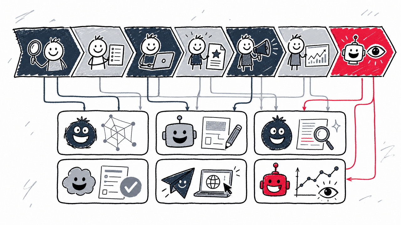 Six content optimization tools mapped to stages from research and drafting through publishing, monitoring, and AI visibility.