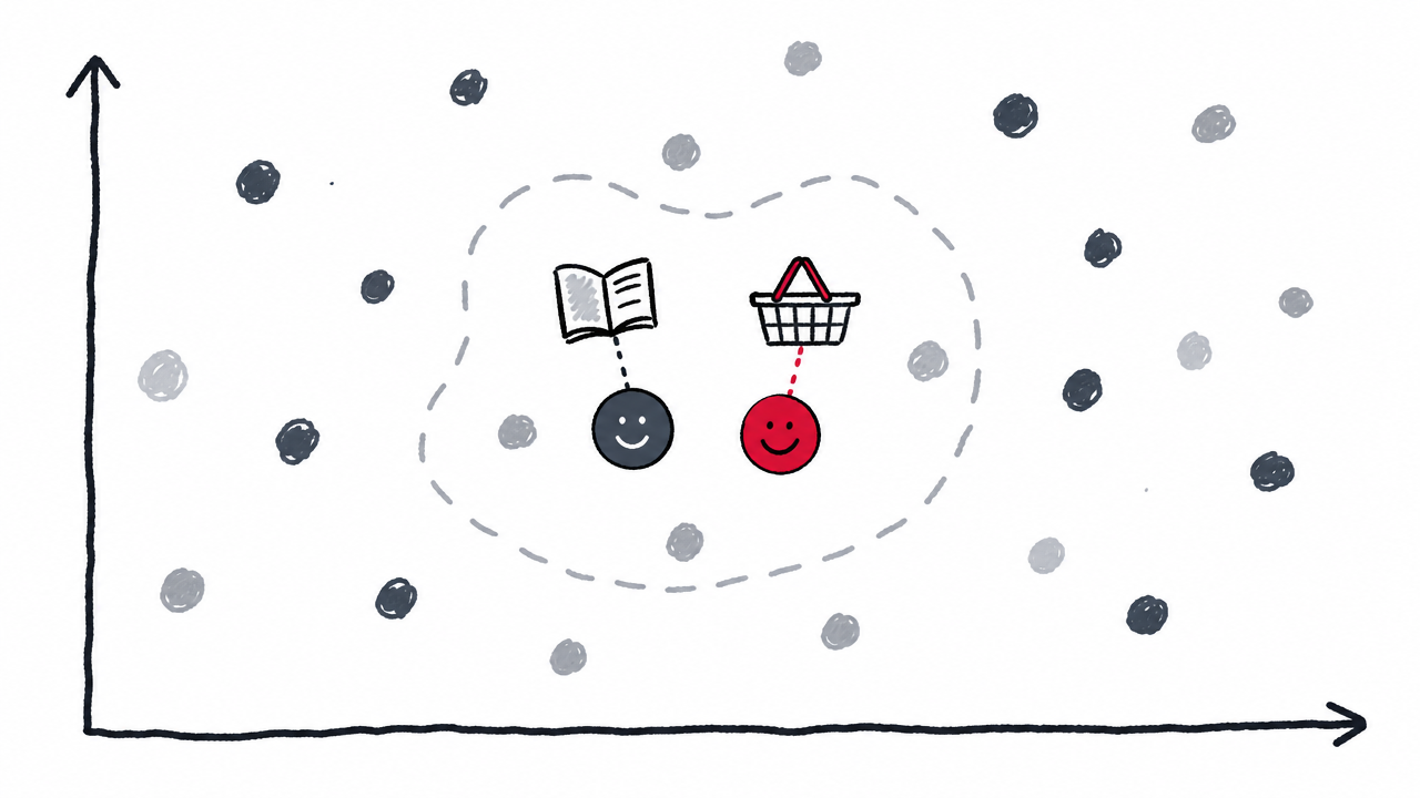 Two nearby coffee queries share a topic but differ between informational and transactional intent.