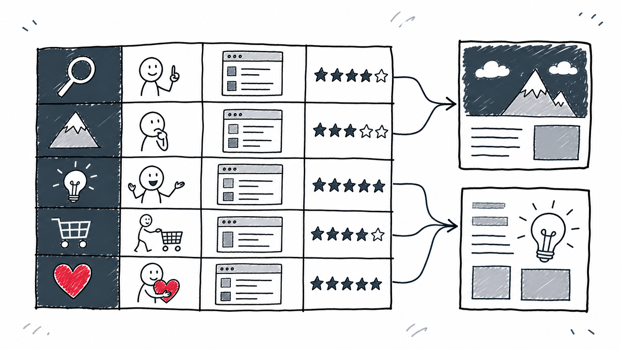 Five queries are assessed by theme, intent, search evidence, and confidence before mapping to two pages.
