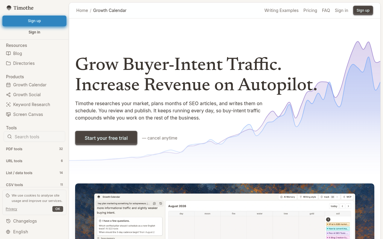 Growth Calendar's product page showing the research, cluster planning, and scheduled publishing workflow for SEO content