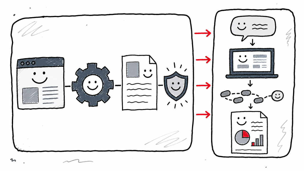 AI SEO production work feeds a separate monitoring process for prompts, platforms, citations, and reporting.